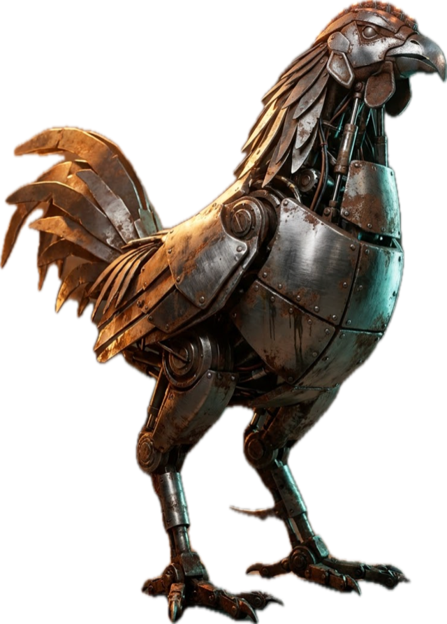 A weathered scrap-metal fighting rooster: riveted steel plates, copper tail feathers, oxidized-teal armor.